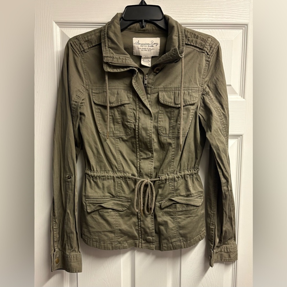 American Rag Olive Cotton Blend Utility Jacket W/ Drawstring Size Small - Picture 2 of 5